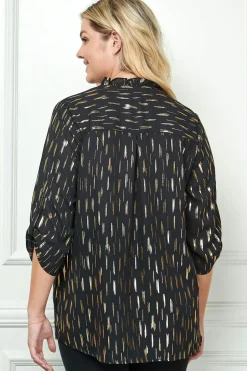 3/4 Button Tab Sleeve Covered Button + Loop on V-Neck Popover Rain Foil Print Blouse in Black - Plus