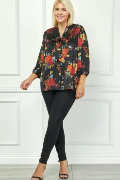 3/4 Cuff Sleeve Tie Neck Button Blouse in Black - Plus