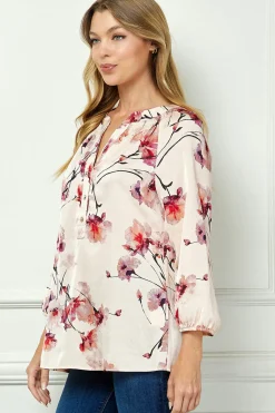 3/4 Elastic Cuff Sleeve Mandarin Collar Popover Blouse in Pink