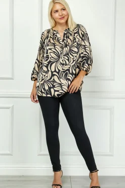 3/4 Elastic Cuff Sleeve Mandarin Collar Popover Blouse in Tan - Plus