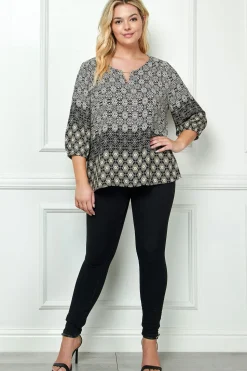 3/4 Elastic Sleeve Cutout Trim Front Neck Border Print Blouse in Black - Plus