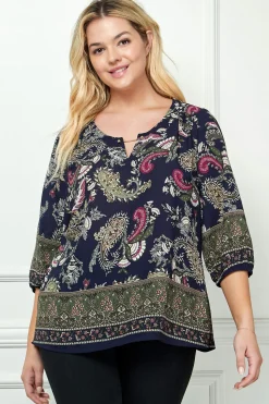 3/4 Elastic Sleeve Cutout Trim Front Neck Border Print Blouse in Navy - Plus