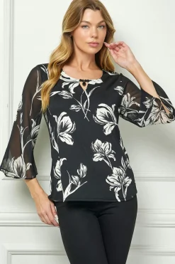 3/4 Flare Sleeve Cutout Trim Front Neck Swing Blouse in Black