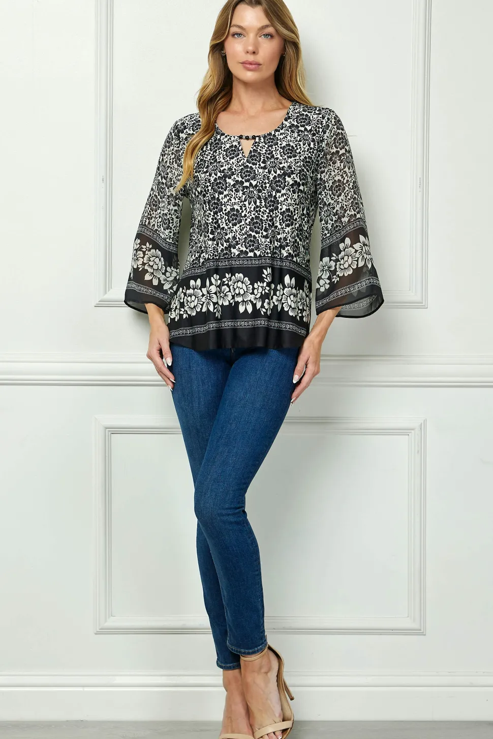 3/4 Flare Sleeve Cutout Trim Mix Media Blouse in Black