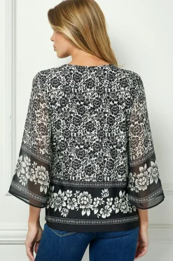 3/4 Flare Sleeve Cutout Trim Mix Media Blouse in Black