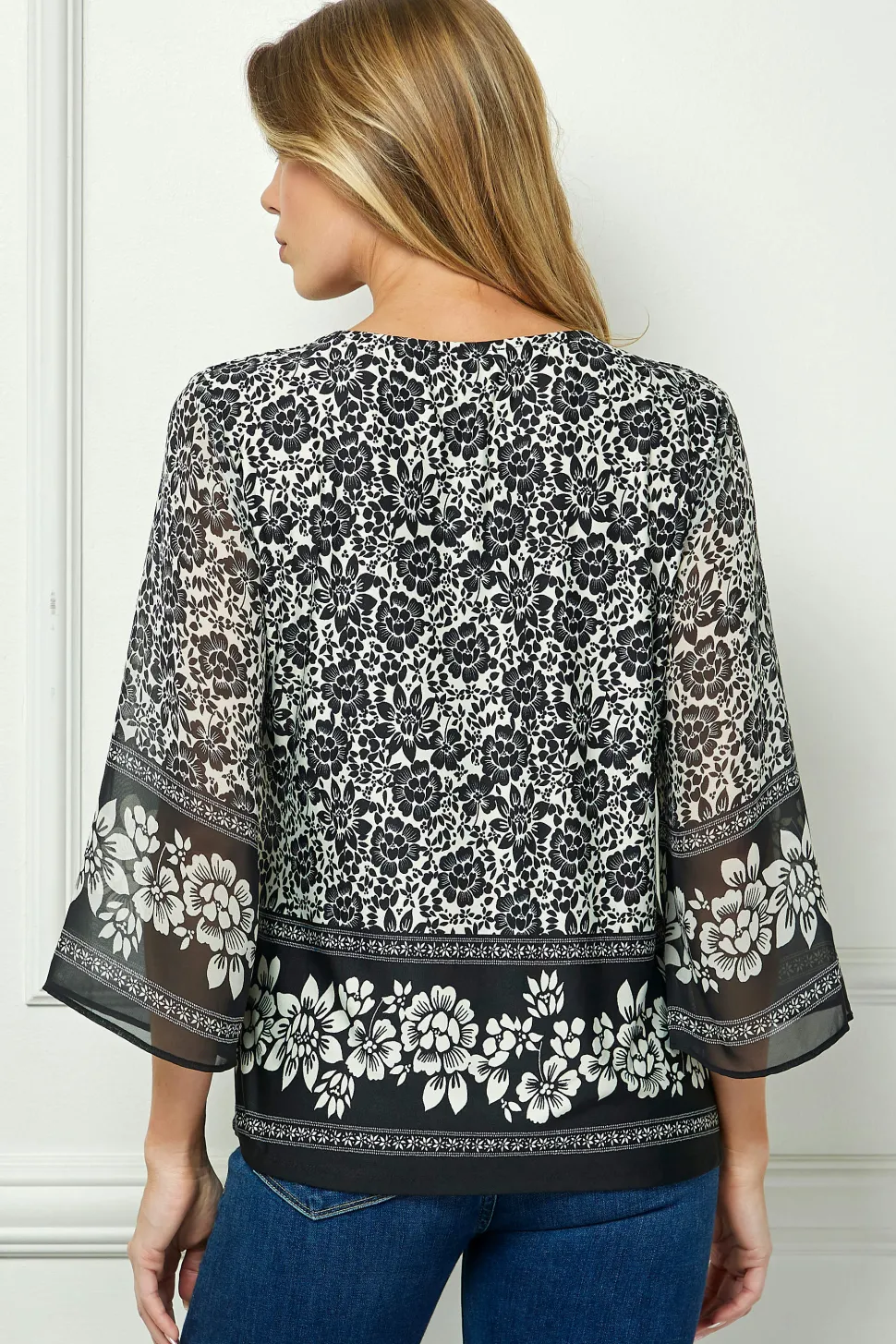 3/4 Flare Sleeve Cutout Trim Mix Media Blouse in Black
