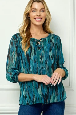 3/4 Smock Sleeve & Shoulder, Beaded Tie Front Neck Blouse in Teal