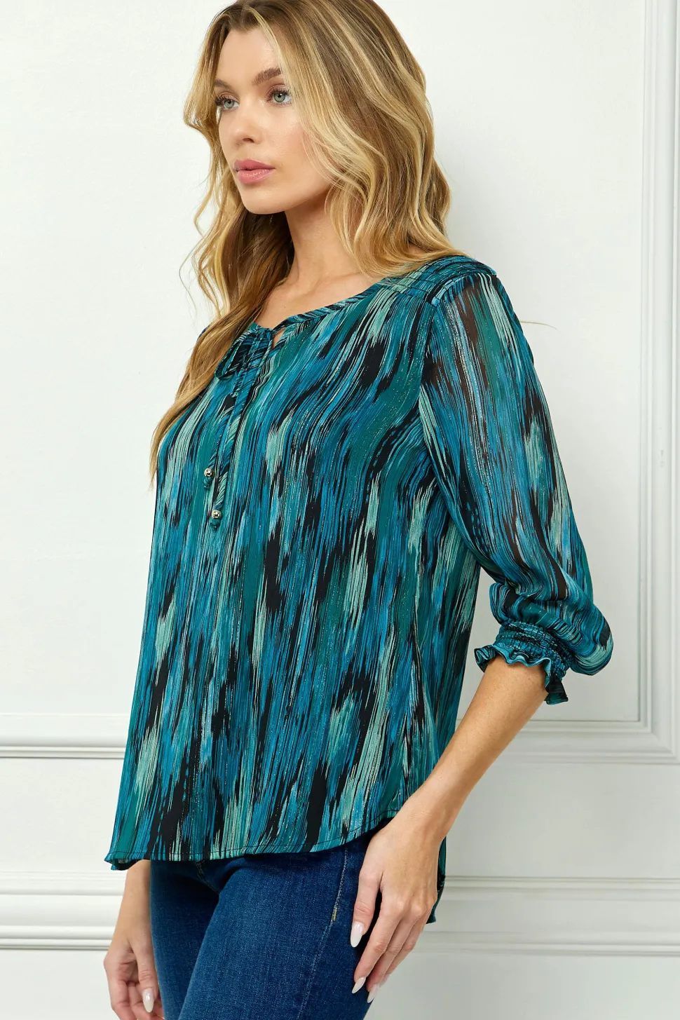 3/4 Smock Sleeve & Shoulder, Beaded Tie Front Neck Blouse in Teal