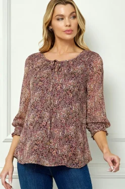 3/4 Smock Sleeve & Shoulder, Beaded Tie Front Neck Blouse in Burgundy