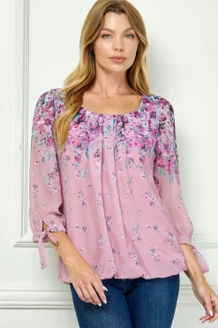 3/4 Tie Sleeve Pleat Neck Bubble Blouse in Pink
