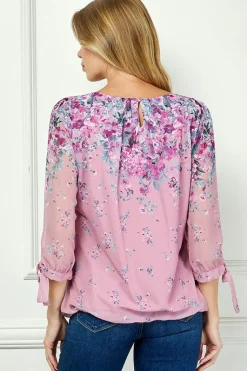 3/4 Tie Sleeve Pleat Neck Bubble Blouse in Pink