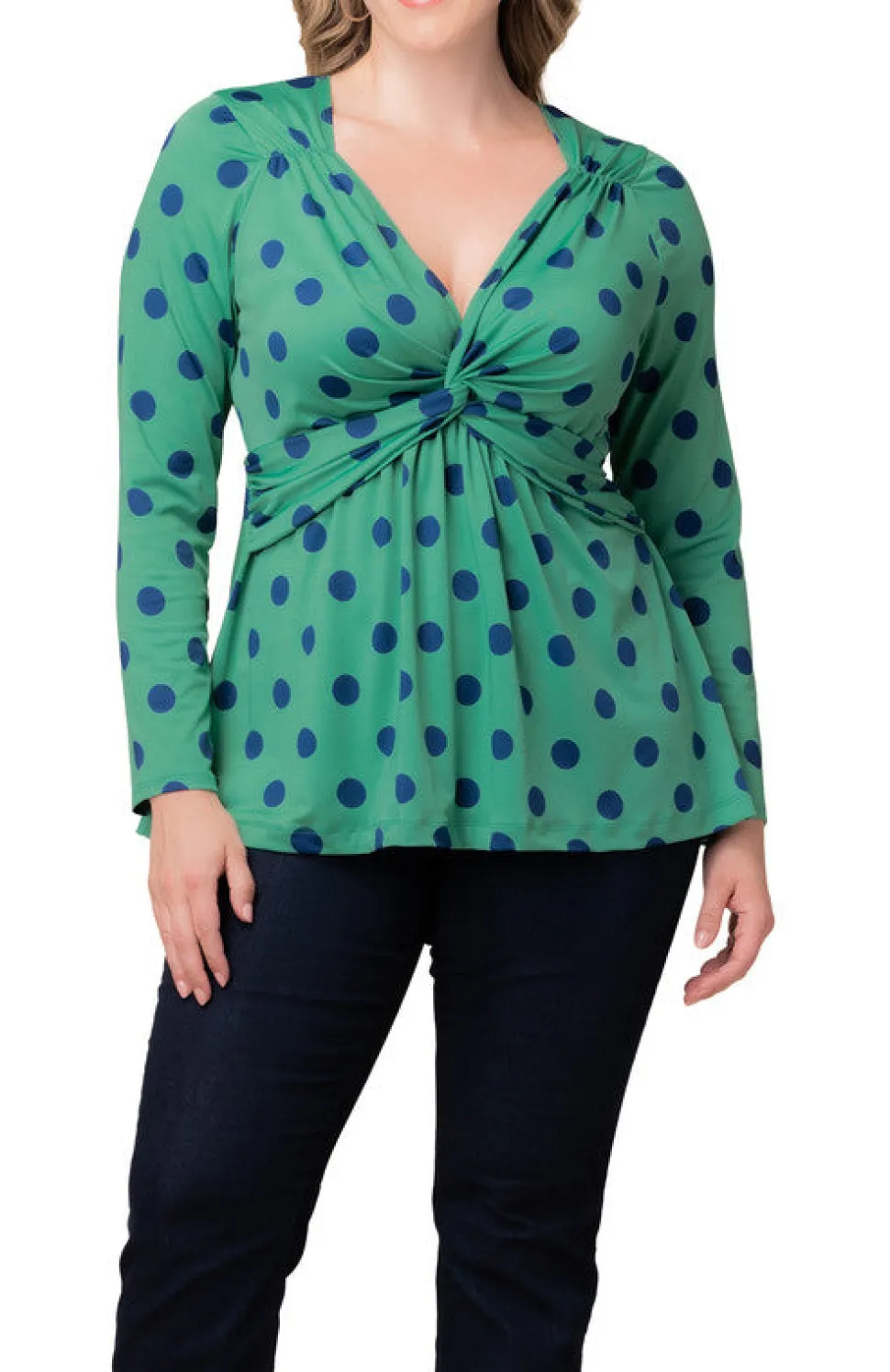 Abigail Long Sleeve Twist Top - Green Polka Dot - Plus
