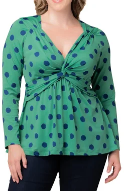 Abigail Long Sleeve Twist Top - Green Polka Dot - Plus
