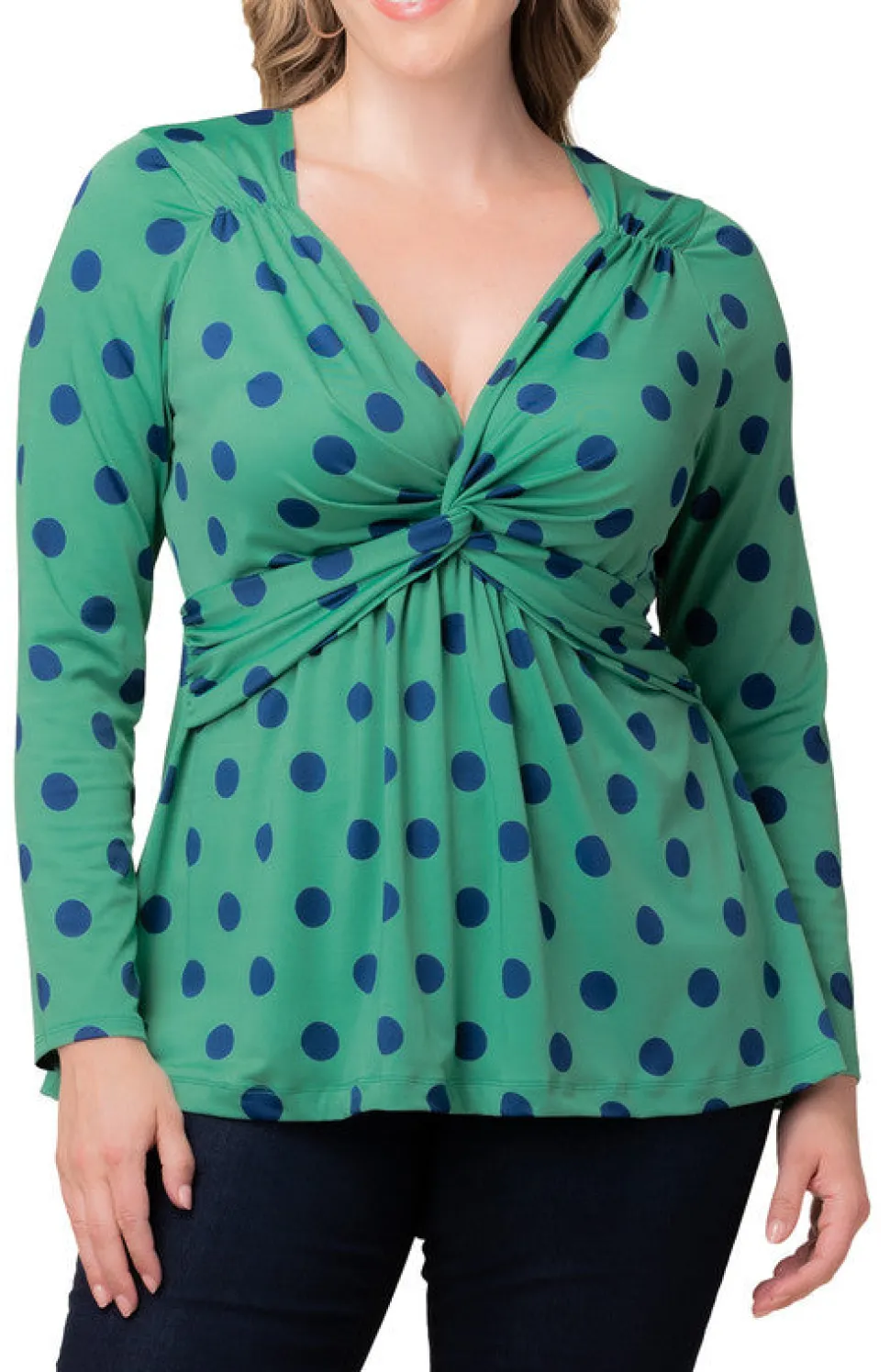 Abigail Long Sleeve Twist Top - Green Polka Dot - Plus