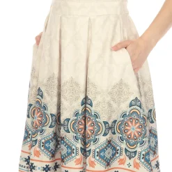 Beige Border Print Fit and Flare Knee Length Dress