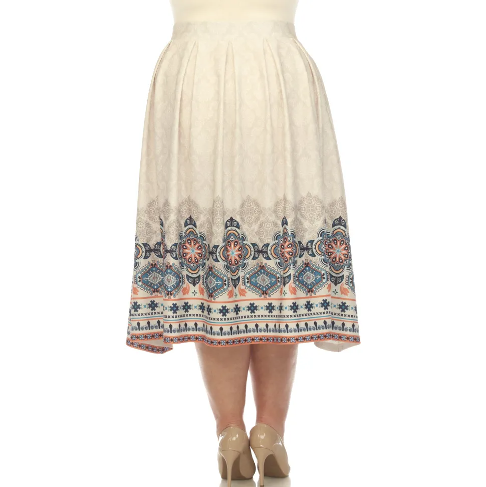 Beige Pleated Skirt with Border Prints - Plus