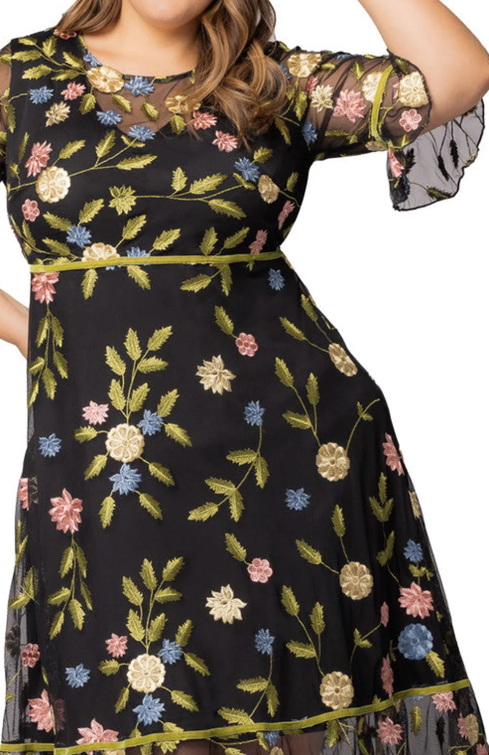 Black Blossom Print Wildflower Embroidered Dress - Plus