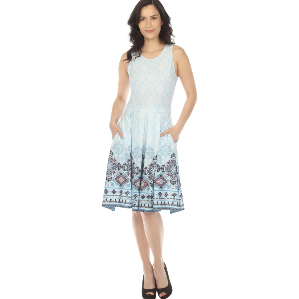 Blue Border Print Fit and Flare Knee Length Dress
