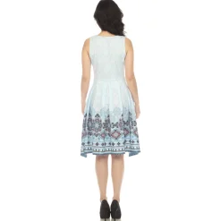 Blue Border Print Fit and Flare Knee Length Dress