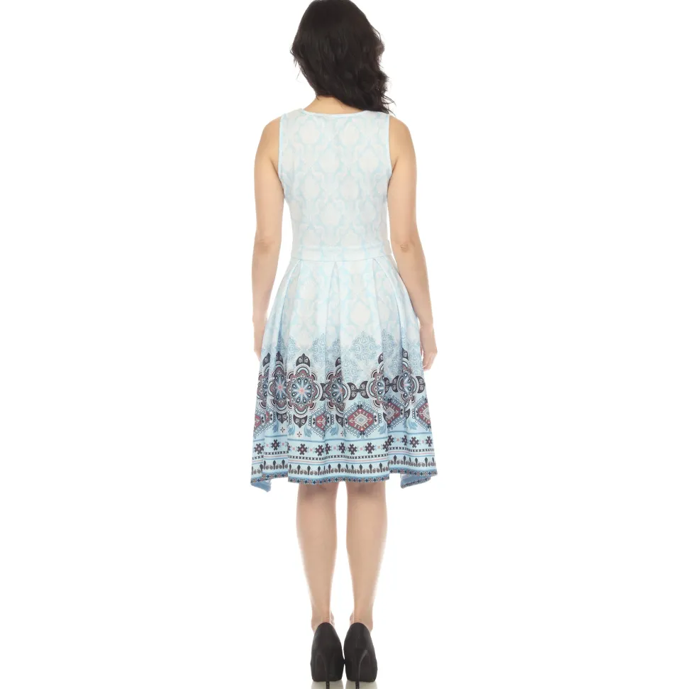 Blue Border Print Fit and Flare Knee Length Dress