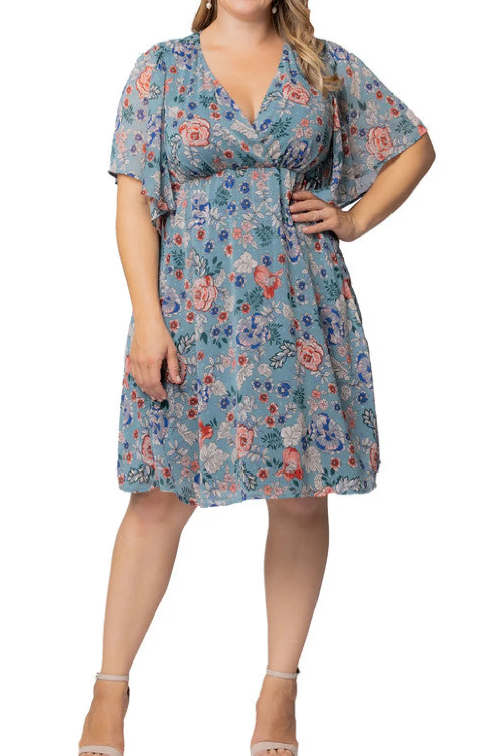 Blue Garden Print Florence Flutter Sleeve Dress - Plus