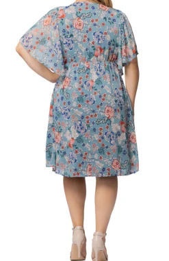 Blue Garden Print Florence Flutter Sleeve Dress - Plus
