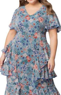 Blue Garden Print Tour de Flounce Chiffon Gown - Plus