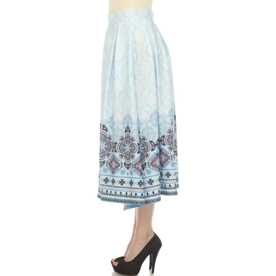 Blue Pleated Skirt with Border Prints