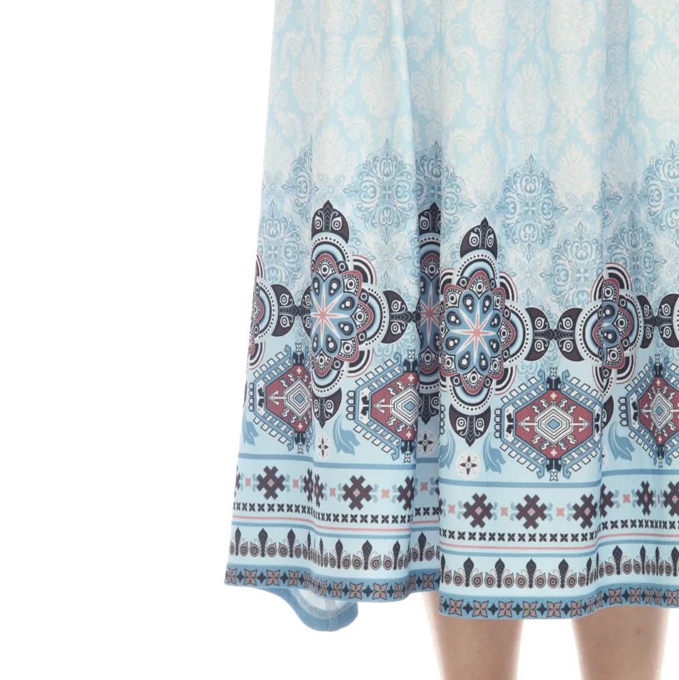 Blue Pleated Skirt with Border Prints