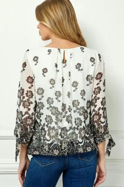 Bubble Hem 3/4 Tie Sleeve Blouse in Ivory
