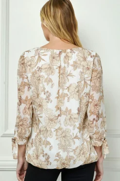 Bubble Hem 3/4 Tie Sleeve Blouse - Ivory/Tan
