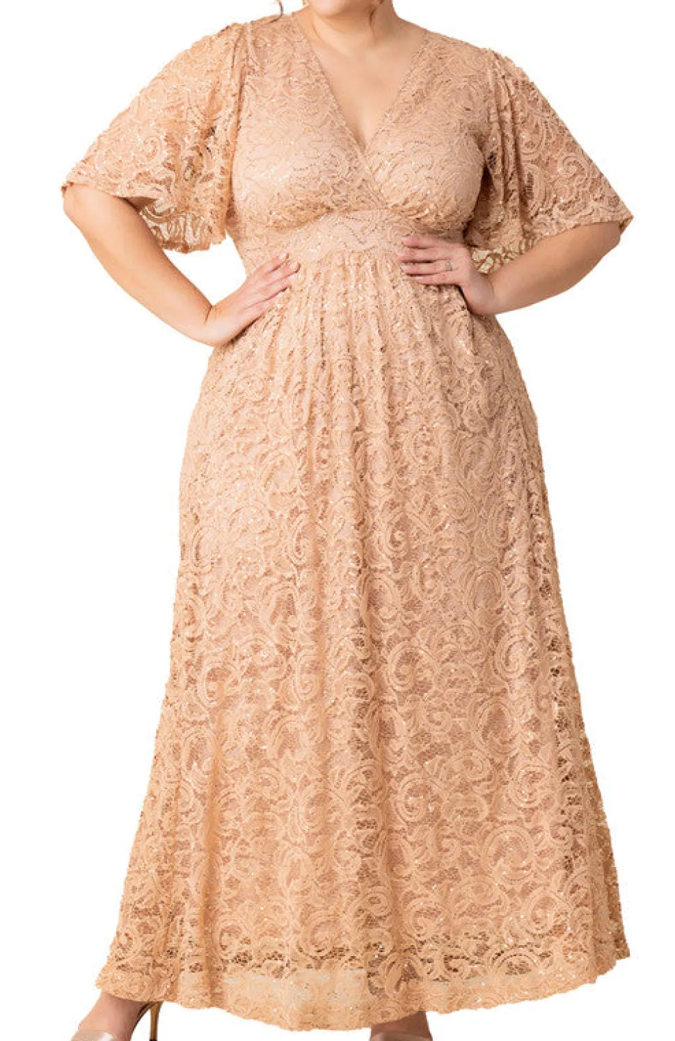 Champagne Luminous Sequin Lace Long Gown - Plus