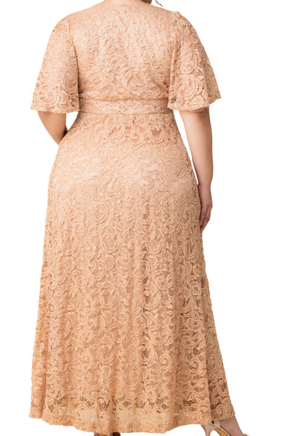 Champagne Luminous Sequin Lace Long Gown - Plus