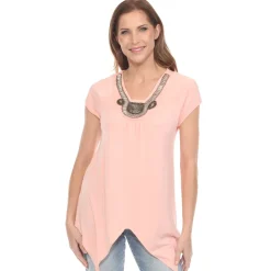 Coral Pink Beaded Angled Hem Knit Top