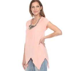 Coral Pink Beaded Angled Hem Knit Top