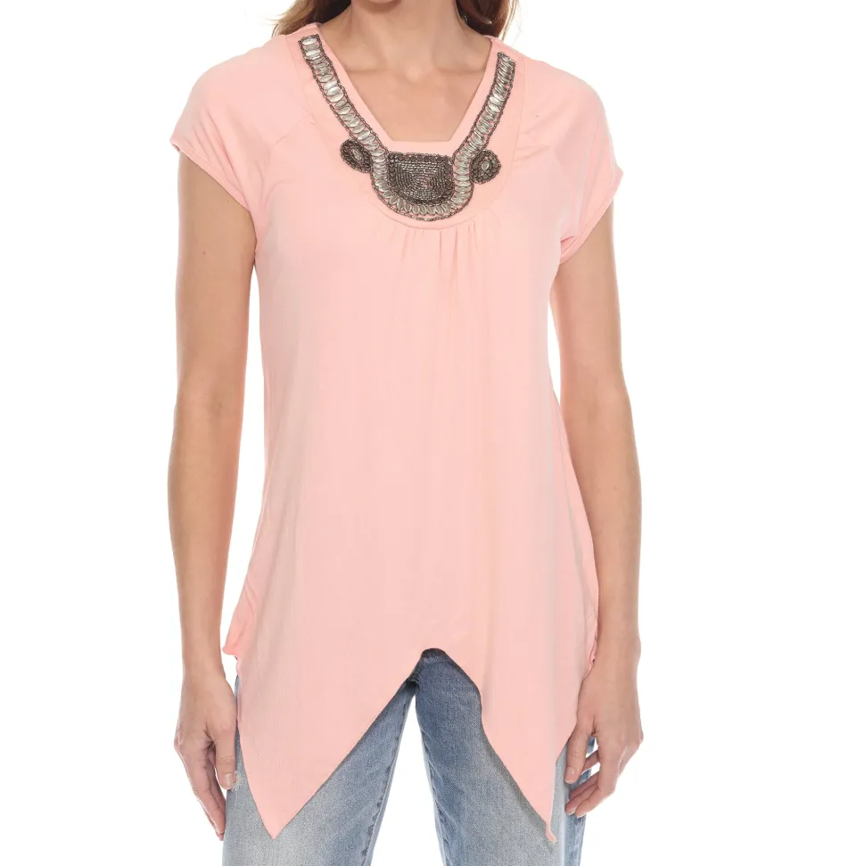 Coral Pink Beaded Angled Hem Knit Top