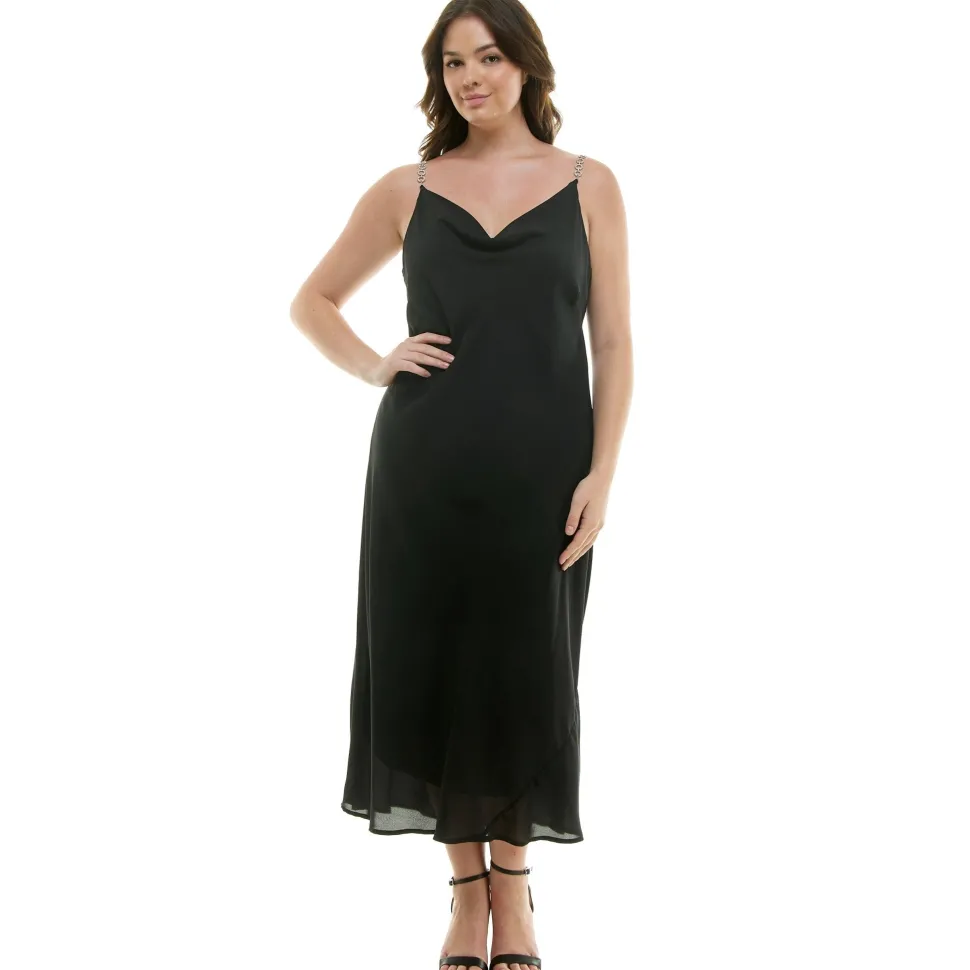 Detachable Chain Trim Strap Cowl Neck Dress, Black - Plus