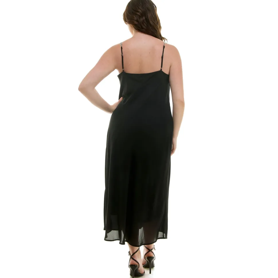 Detachable Chain Trim Strap Cowl Neck Dress, Black - Plus