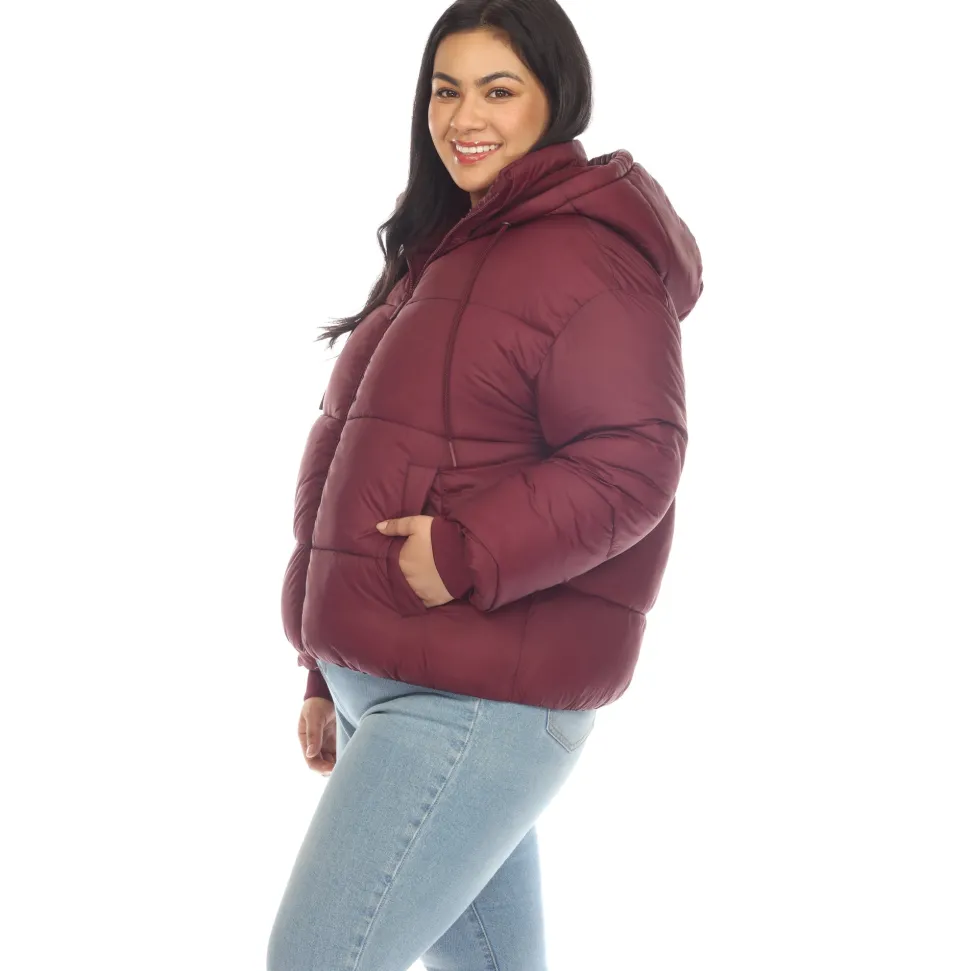 Full Front Zip Hooded Bomber Puffer Coat - Plus