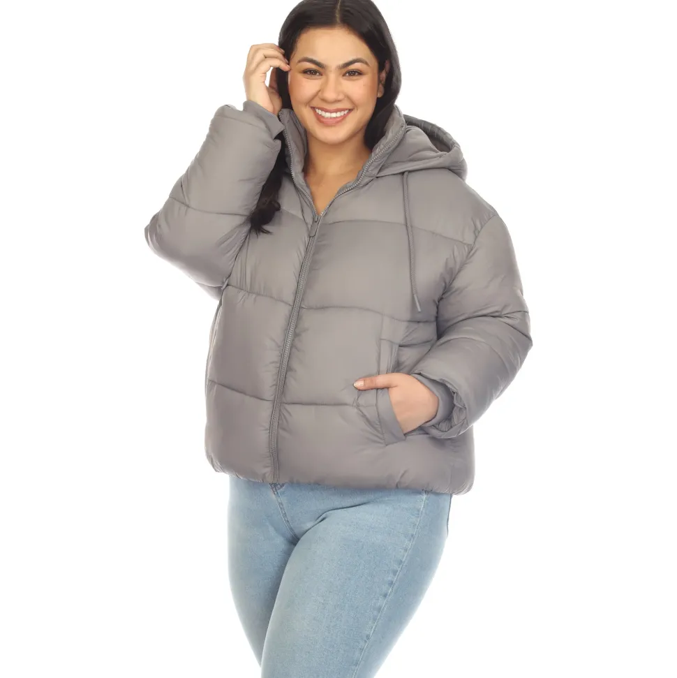 Full Front Zip Hooded Bomber Puffer Coat - Plus