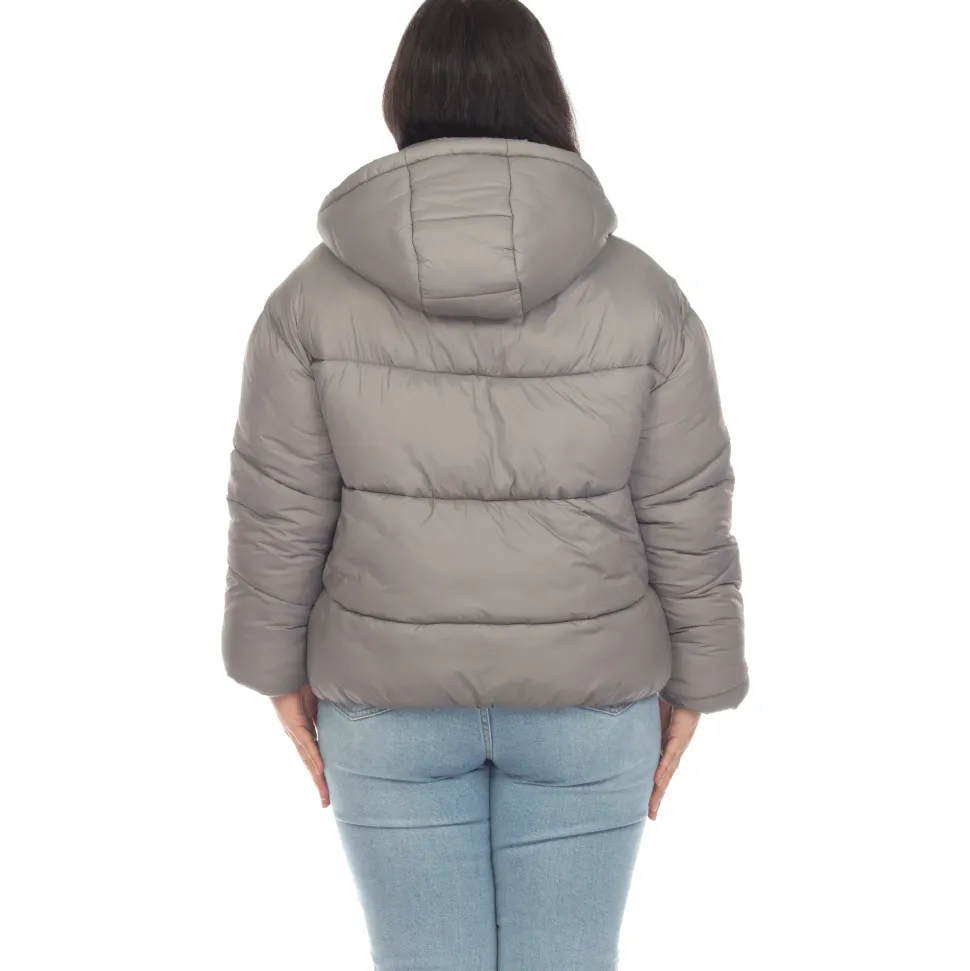 Full Front Zip Hooded Bomber Puffer Coat - Plus