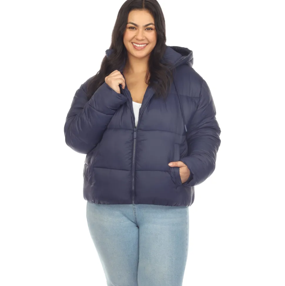Full Front Zip Hooded Bomber Puffer Coat - Plus