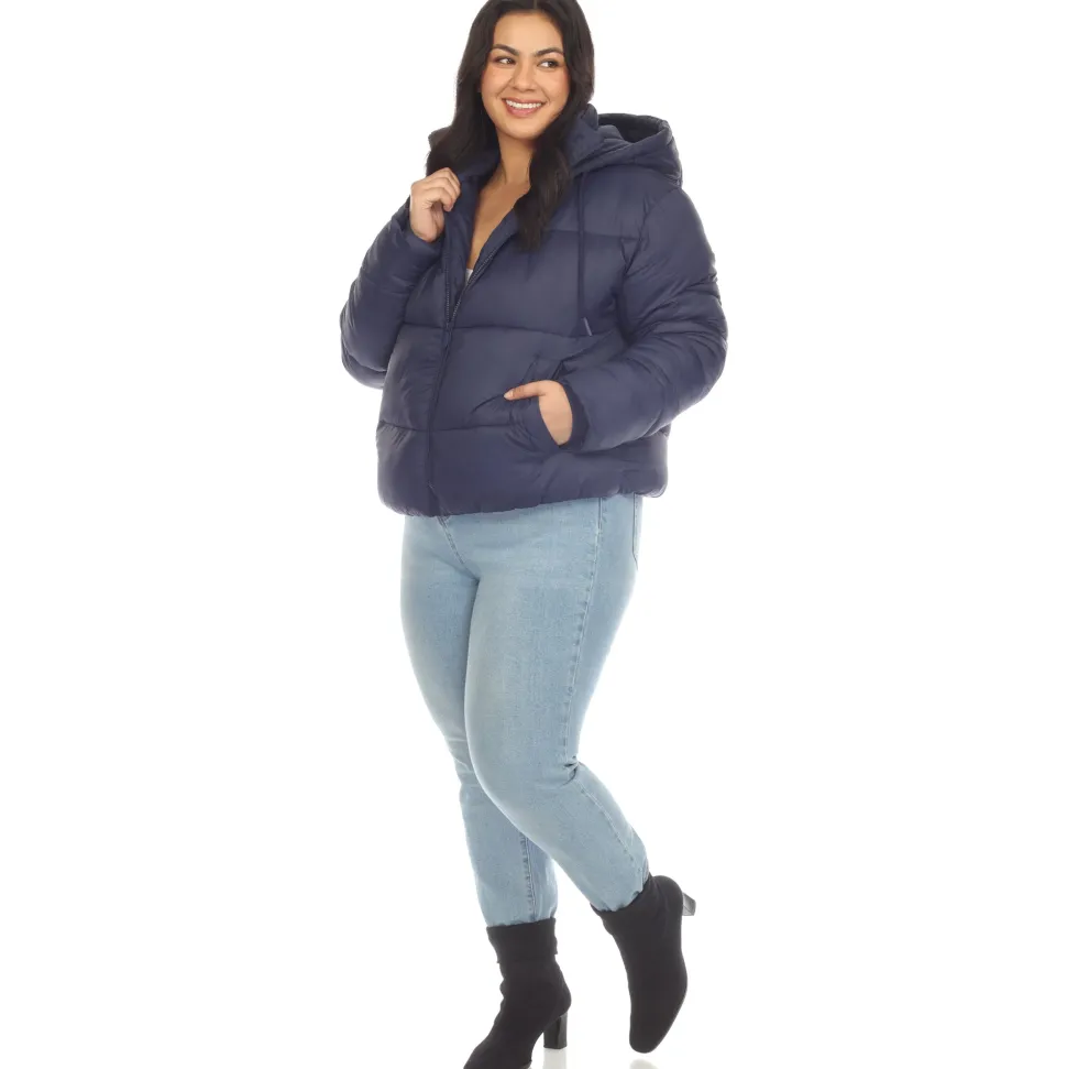 Full Front Zip Hooded Bomber Puffer Coat - Plus