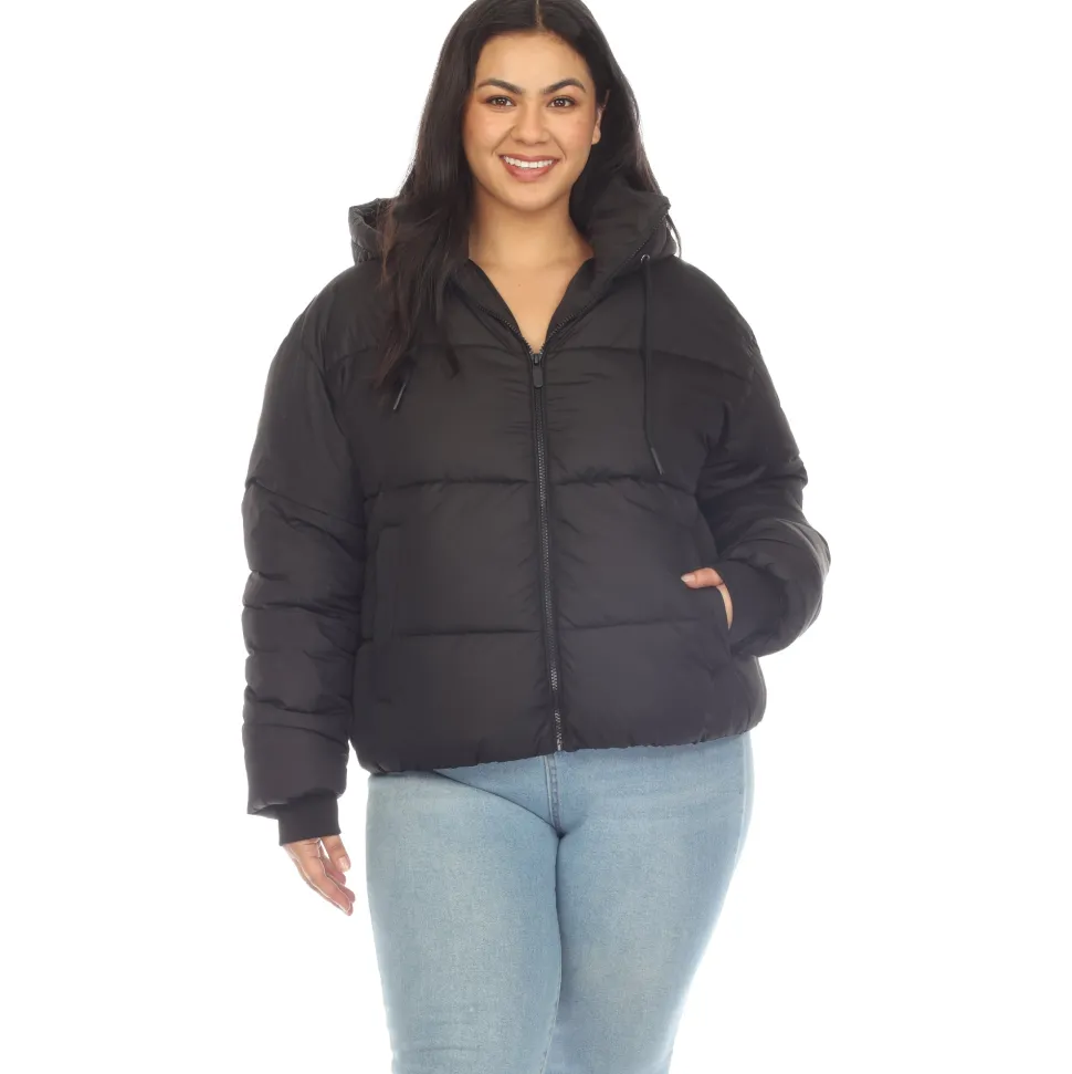 Full Front Zip Hooded Bomber Puffer Coat - Plus