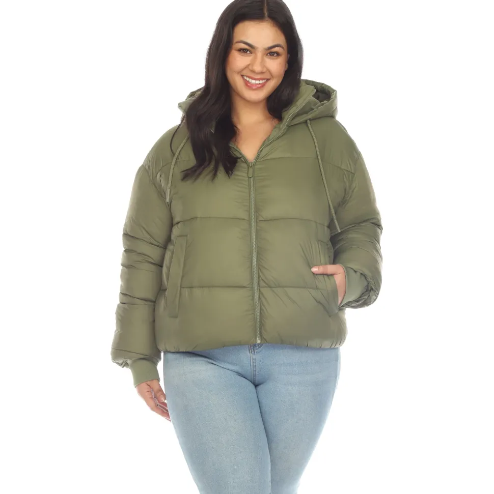 Full Front Zip Hooded Bomber Puffer Coat - Plus