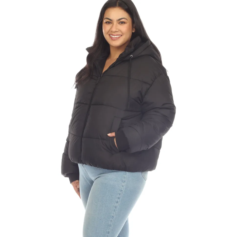 Full Front Zip Hooded Bomber Puffer Coat - Plus