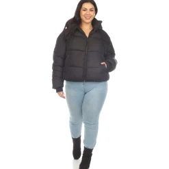 Full Front Zip Hooded Bomber Puffer Coat - Plus