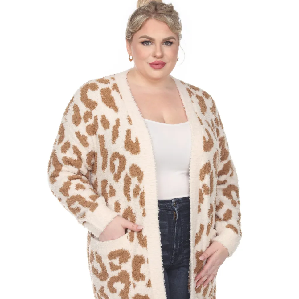 Leopard Print Open Front Sherpa Coat - Plus