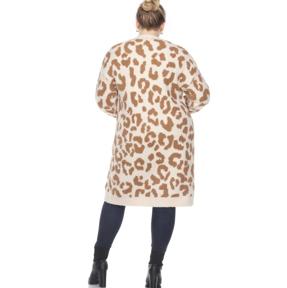 Leopard Print Open Front Sherpa Coat - Plus