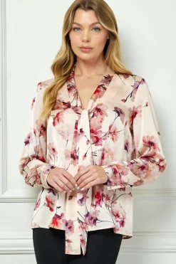 Long Cuff Sleeve Tie Neck Button Blouse in Pink
